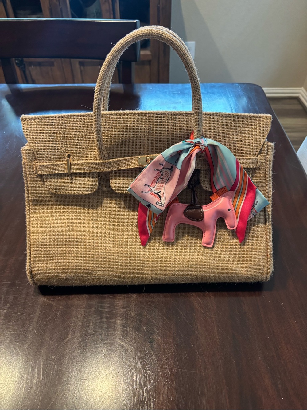 Natural Jute Tote Bag with Pink Scarf and Charm